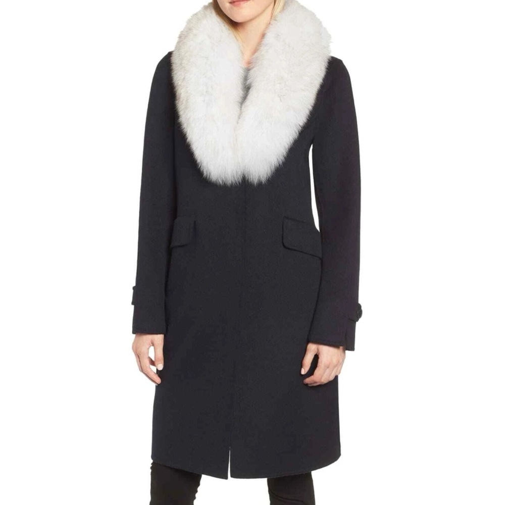 NWT Derek Lam 10 Crosby Dark Navy Genuine Fox Fur Trim Wool Blend Coat Medium‎